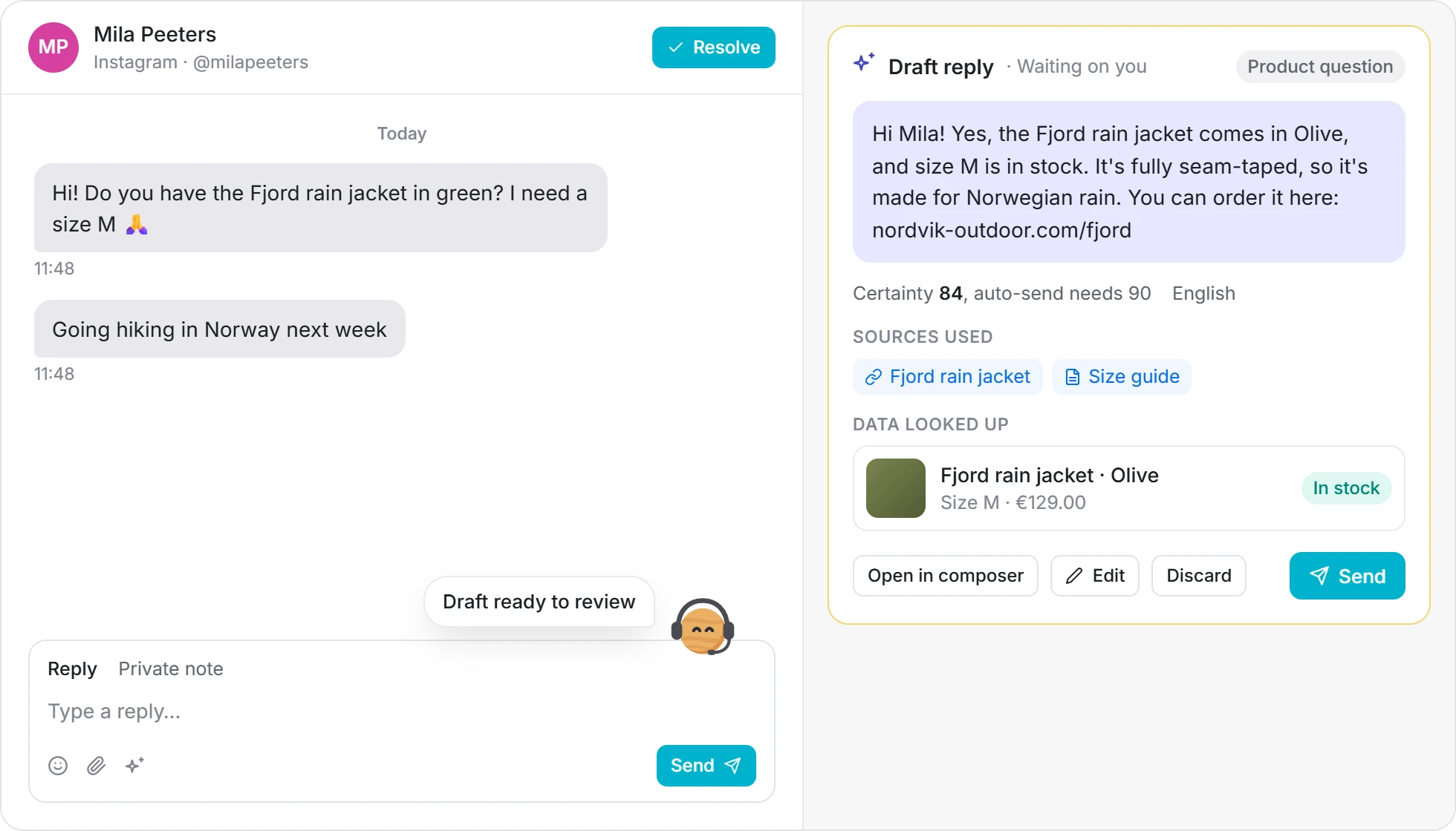 Venus drafts a reply to a product question and shows the sources it used