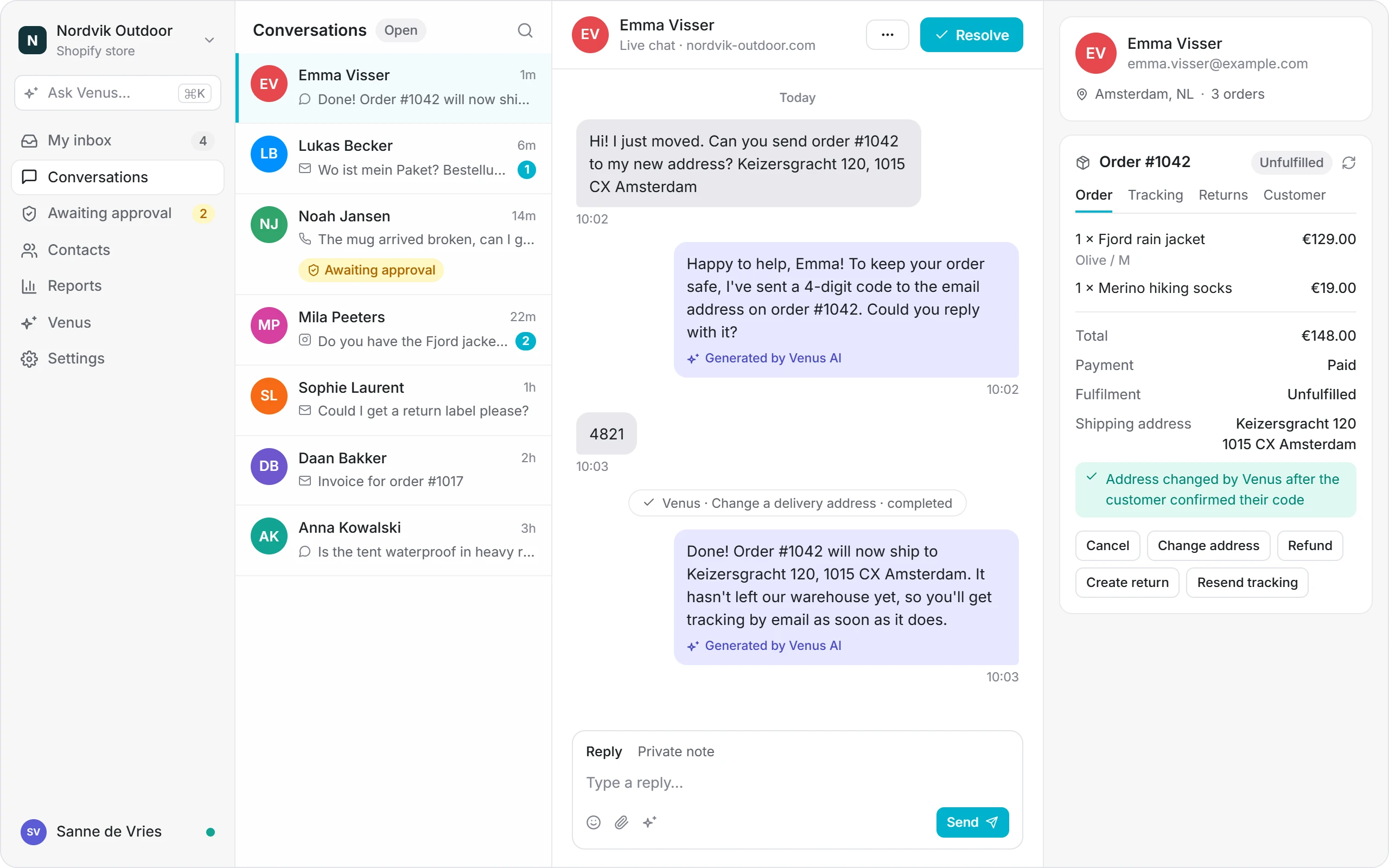 Venus verifies a customer with a 4-digit code and changes the delivery address on their Shopify order
